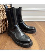 Zara Faux Patent Leather Chelsea Boots Black Block Heel 38 7.5 - $714.43 MXN