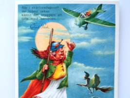 Easter Witch Postcard Fantasy Glad Pask Riding Broom Airplane Full Moon Sweden - $55.10