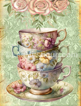 Shabby Victorian Teacups Watercolor Art Print Pink Green Pastel Artwork Décor - £15.97 GBP