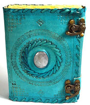 Mystical Blue Embossed Leather Book of Shadows with Antique Pages &amp; Stone! - $25.69