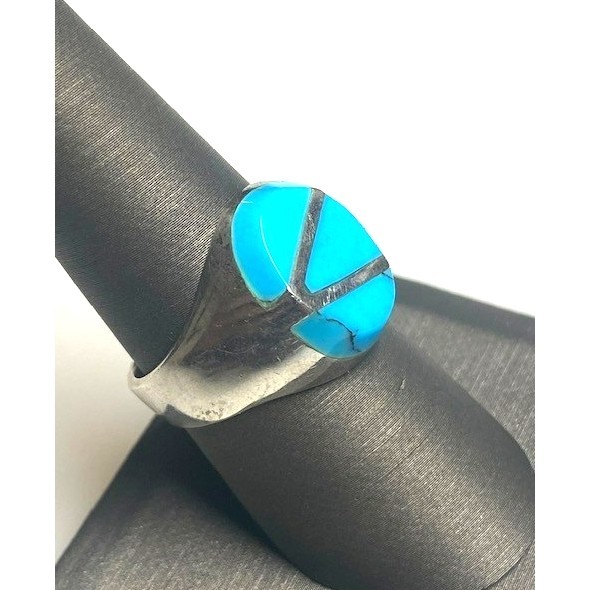 UNISEX TAXCO HANDWROUGHT 925 STERLING SILVER AND TURQUOISE RING SIZE 8 SKY Item image 2