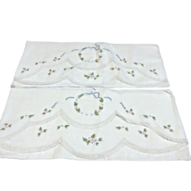 2 Vintage Pillowcases White Scalloped Edges Pastel Embroidery 32 in L 21... - £26.90 GBP