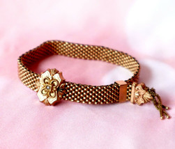 1870s Gold Filled Bracelet Mesh Slide Style Adjustable Pearl in Center O... - $209.88