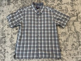 Patagonia Puckerware Shirt Mens Large Seersucker Short Sleeve Button Gray Plaid - £18.55 GBP