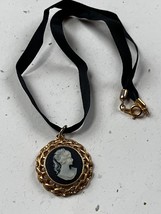 Vintage Black Ribbon w Black &amp; White Plastic Round Plastic Cameo in Goldtone - $11.29