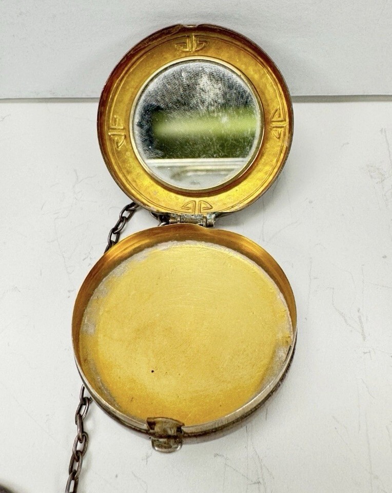 Antique Hand Hammered Sterling Silver Chatelaine Pill Box 4” Chain & Ring c1920s Item image 4