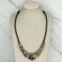 Chico&#39;s Enamel Swirl Slide Charms Black Leather Cord Necklace - £10.11 GBP