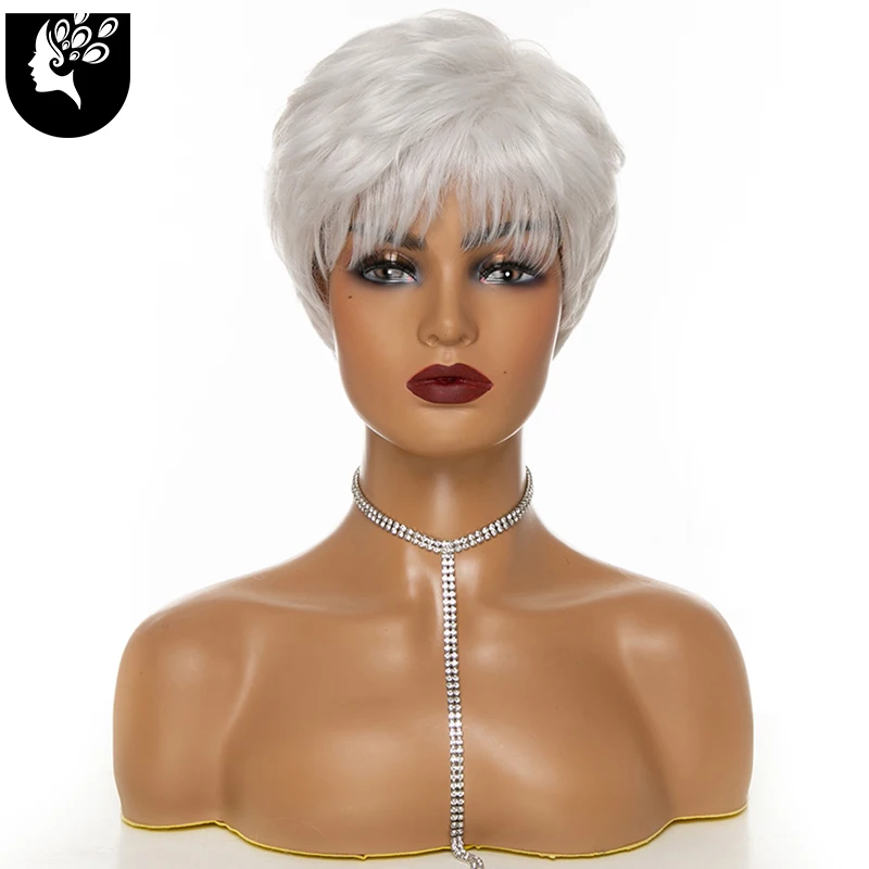 Short Straight Wave White Grey Synthetic Pixie Cut Wigs With Bangs For Wom - £17.88 GBP