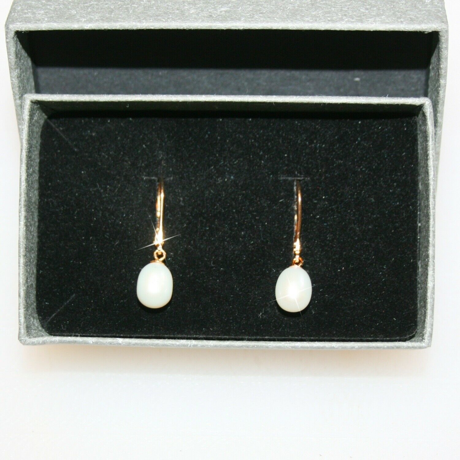 Primary image for AAA White Pearl Leverback Dangle Earrings Gift Box 14k Yellow Gold over 925 SS