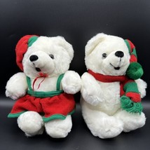 Cuddle Wit Plush White Teddy Bears Boy &amp; Girl Red Green Hat Scarf Stuffed 9&quot; - £19.91 GBP