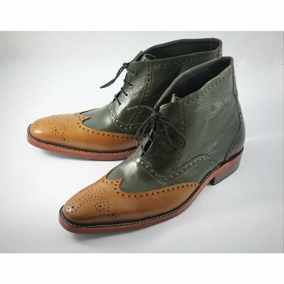 Men Two Tone High Ankle Tan Green Full Brogue Toe Wing Tip Leather Boots US 7-16