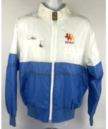 Vintage Style Auto Ferrari Racing Jacket Mens Medium Satin Baby Blue Whi... - $138.59