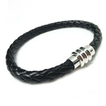 Black Braided Bracelet W Magnetic Clasp Surfer Faux Leather Rope Cord Men Women - £6.33 GBP