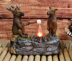 Ebros Rustic Elk Moose Father &amp; Son Making Smores On Twig By Bonfire Night Light - £30.89 GBP