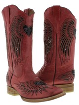 Womens Western Wear Boots Red Leather Black Sequins Heart Wings Size 5 - £64.00 GBP