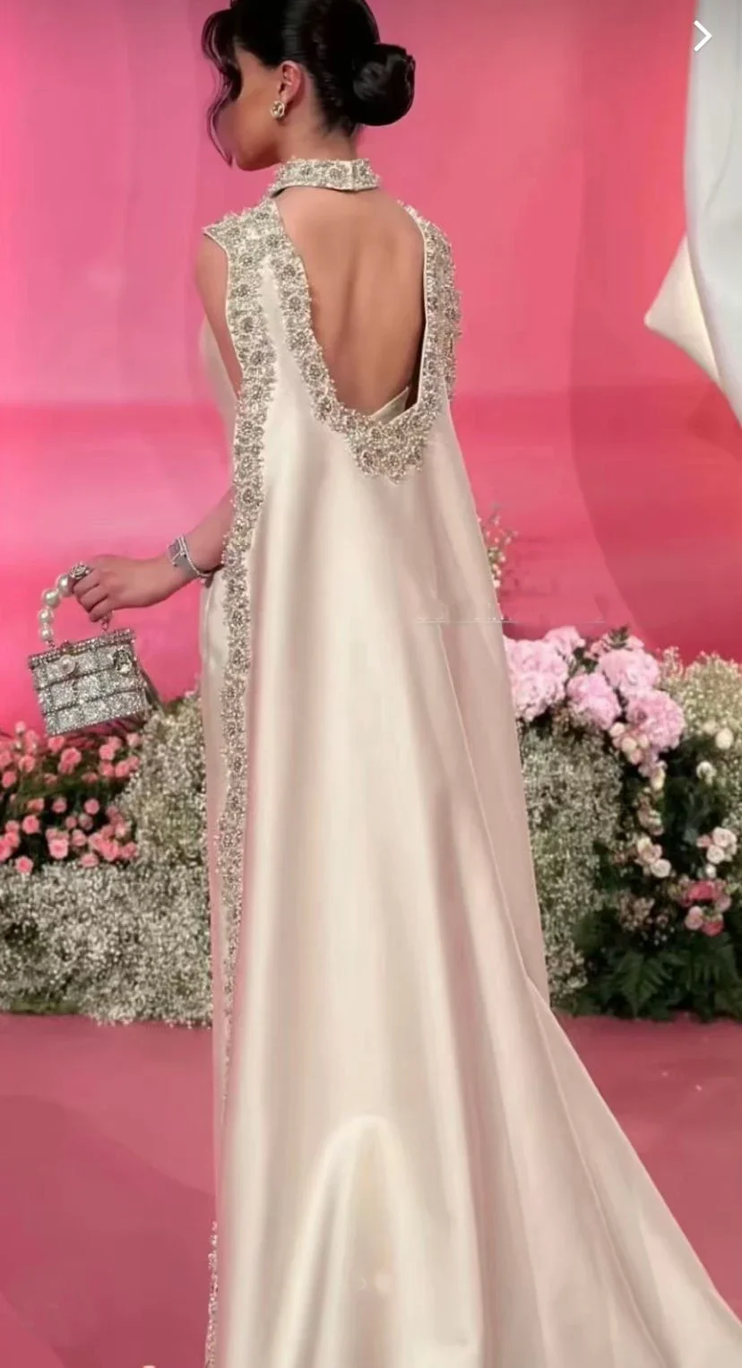 Sexy Open Back Halter Court Train Wraps Satin Lace Applique Champagne Ev... - $168.00