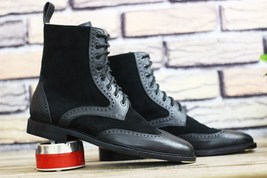 New Handmade Leather Black Lace Up Wing tip Brogue Ankle High Boot, Men Stylish - £122.88 GBP