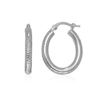 14k White Gold 1.0&quot; Length x 0.88&quot; Width Diamond Cut Textured Oval Hoop Earrings - £157.79 GBP