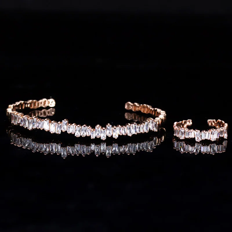 New Fashion Rose GolBaguette Cubic Zirconia Cuff Bracelet Bangle And Ring Sets B - £19.34 GBP