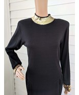 80s Black Sweater Dress Gold Sequin Long Sleeve S Wool Blend Warm Outlander - $44.00