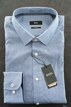 HUGO BOSS Uomo Jesse Slim Fit Media Cotone Blu Camicia 44 17.5 - £49.49 GBP