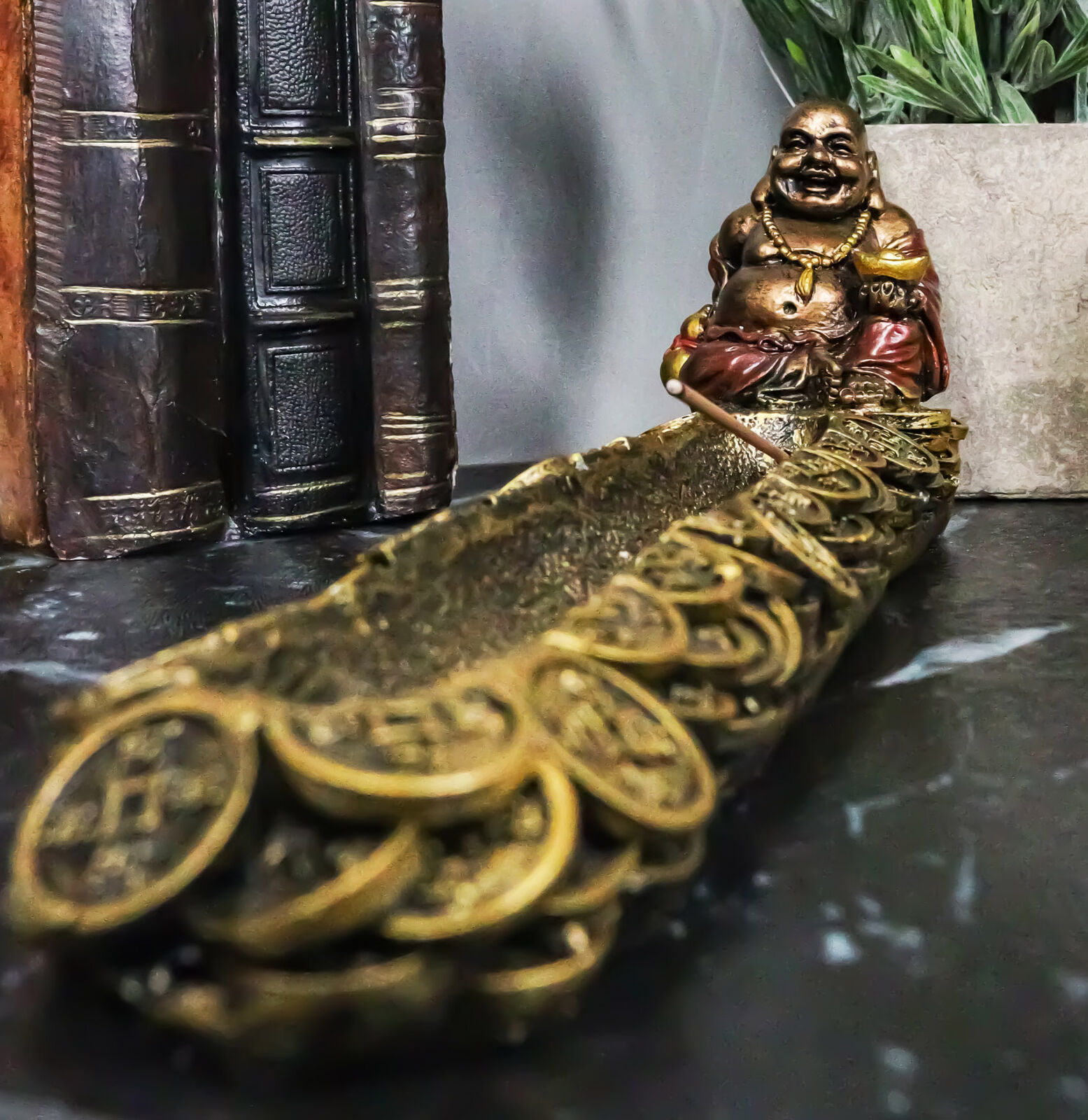 Lucky Buddha Hotei Holding Gold Ingot And Wine Gourd Incense Holder Figu... - $23.99