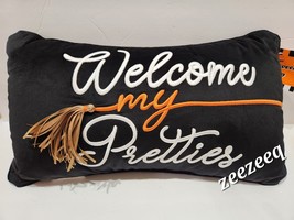 Halloween Welcome My Pretties Witch Broom Throw Pillow Decor 12&quot;x20&quot; - £30.75 GBP