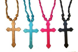 6 Lg Asst Color Wooden 5 In Cross Necklace Car Mirror Decoration Wood Jewelry - £15.12 GBP