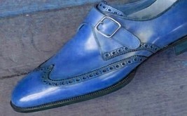 Monk Leather Shoes Blue Wingtip Rounded Buckle Strap Handmade Men&#39;s Outer Wear - £110.00 GBP