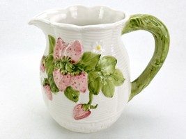 Vintage Ceramic Water Pitcher, Strawberries, Vine Handle, Basket Weave, Italy - £31.29 GBP