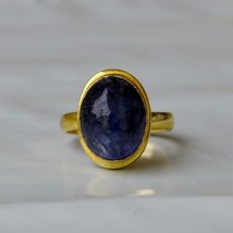 925 Sterling silver Gold Plated Natural Blue Tanzanite Gemstone Handmade Ring - £44.59 GBP