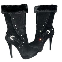 Wild Rose Dion Black Faux Fur Suede Rhinestone Stiletto Boots Size 7.5 B... - $489.04 MXN