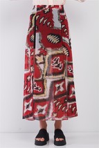 Red &amp; Multi Vintage Graphic Print High-waisted Two Front Slits Maxi Skirt - £11.99 GBP