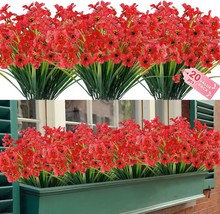 20 Bundles Of Deep Red Artificial Outdoor Flowers Uv Resistant Fake Flow... - $34.93