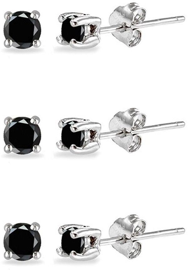 3-Pair Set Sterling Silver Black Sapphire 2.5mm Round Stud Earrings - £43.59 GBP