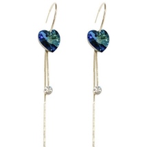 Women&#39;s Blue Crystal Love Heart Long Tassel Dangle Drop Earrings - £7.85 GBP