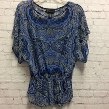 INC International Concepts Womens Blouse Blue Short Sleeve Draped Elasic... - $15.35
