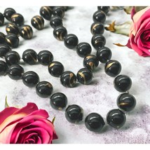 Vintage Black Beaded Necklace Strand with Gold Swirl Accents Continuous 34&quot; - £10.98 GBP