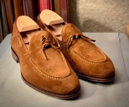 Men Tan Brown Suede Leather Formal Tassels Loafer Slips On Moccasin Formal Shoe - £111.55 GBP