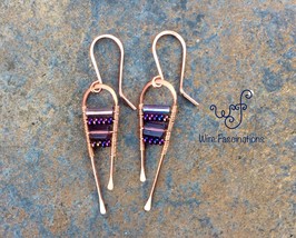 Handmade copper earrings: long curves with metallic and purple rectangle beads - £21.12 GBP