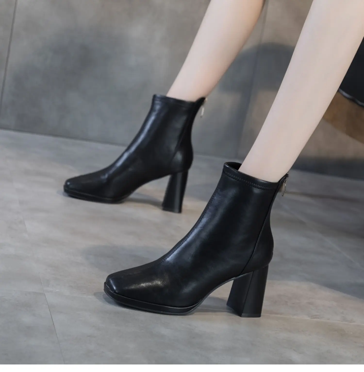   Women Beige 7cm Block Ankle Boots 2024  Female Square Toe Chelsea Boots High Q - £184.09 GBP
