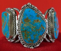 Vintage Blue Gem Turquoise Bracelet, Freeform, Sterling Silver Cuff, Mens s8.5 - $2,434.41