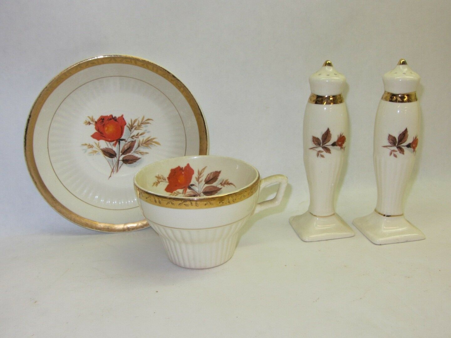 Primary image for LaMode China USA 22K Warranted Vintage Cup Saucer Salt Pepper Shakers Red Rose