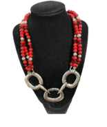 Julea B Fashion Necklace Red and Silvertone Beads w Hammered Links NEW - $11.99 CAD