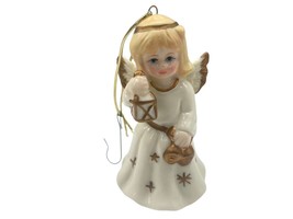 Vintage Girl Angel Holding Lantern Ornament w/Stars Hand Painted Ceramic - £11.84 GBP