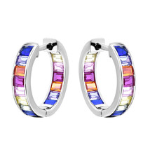 Colorful Rainbow Cubic Zirconia on Sterling Silver Huggie Hoop Earrings - £21.78 GBP