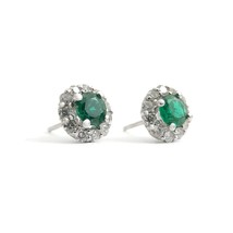 Authenticity Guarantee 
Round Green Emerald Diamond Halo Stud Earrings 14K Wh... - £2,233.78 GBP