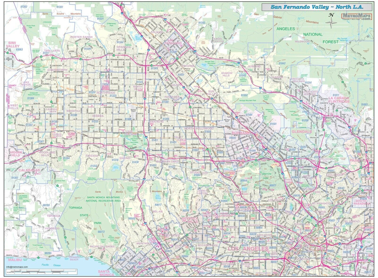 San Fernando Valley N. Los Angeles Detailed Arterial Wall Map w/Zip