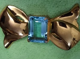 Golden Bow Brooch w/Blue Crystal Stone Mid-Century  - $48.00