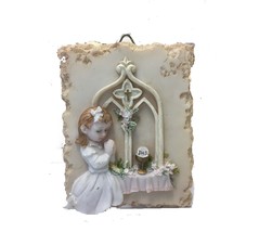 PINK AND WHITE HANGING DECORATIVE ORNAMENT OF LITTLE GIRL PRAYING - $5.72